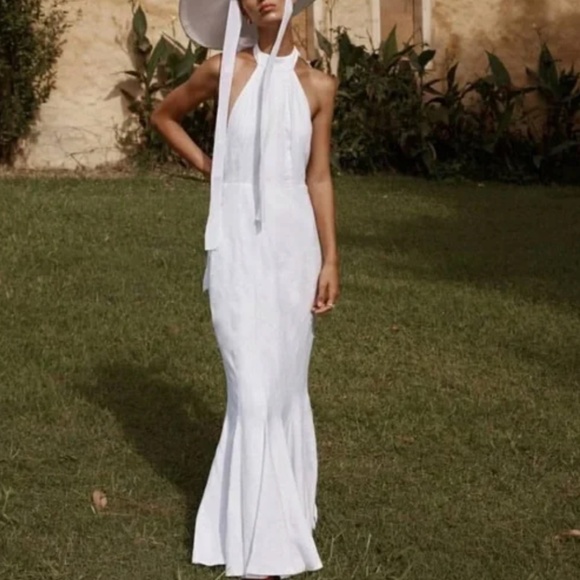 NWT Dissh Aisle White Linen High Neck Maxi Dress Gown Halter White Classic - Picture 4 of 11